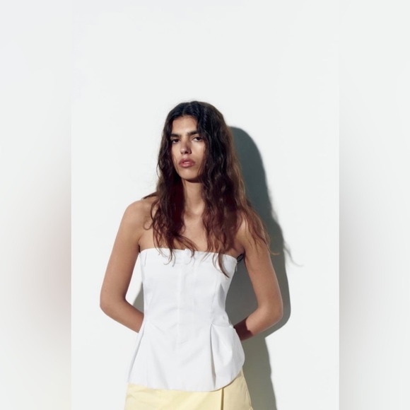 White Gabardine Strapless Bustier Zara Peplum Blouse Top - Picture 3 of 11